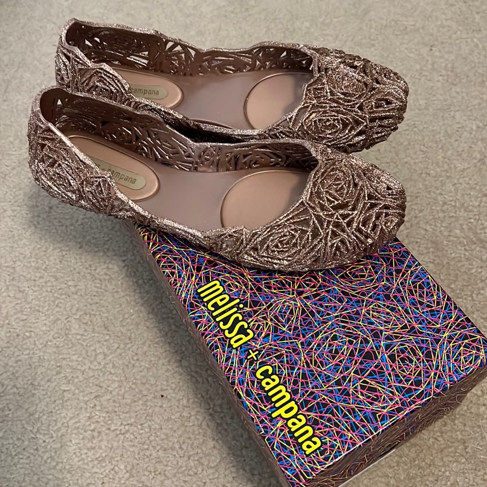 Melissa Women's Campana Fitas II Ballet Flat sz 8 Rose Gold Jelly Glitter EUC